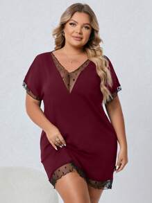 SHEIN Váy ngủ tay ngắn ren chấm bi gợi cảm cho nữ cỡ lớn - Màu Đỏ Sâu - Xem 3