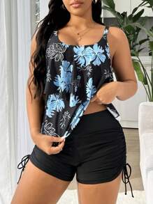 Swim Lushoire 1 Set Plus Size Women Tropical Flower Print Spaghetti Strap Tankini Modest Swimwear, Conservative Style Slimming Two Pieces Beach Wear For Summer Beach Vacation