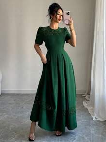 Rafferiza 女士优雅撞色蕾丝圆领泡泡袖绿色迷你连衣裙 - 綠色 - 查看 6