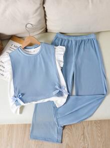 3件套少女蝴蝶结针织上衣套装，包含白色短袖T恤和宽松长裤，甜美简约风服装套装 - 淺藍色 - 查看 5