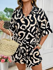 SHEIN LUNE Women Plus Size Leopard Print Short Sleeve Single-Breasted Shirt And Shorts 2 Pieces Set, Casual Spring Break Boho Rave Outfits Festival Spring Break Outfits Old Money Style Women Rave Outfits Summer Outfits For Women Easter Outfit Women - Multicolor - View 3