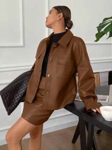 SHEIN Frenchy 2pcs/Set Women Solid Color Long Sleeve Single-Breasted Jacket And Midi Skirt