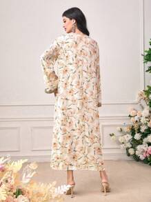 Al Najma Floral Print Contrast Lace Long Trumpet Sleeve Modest Dress