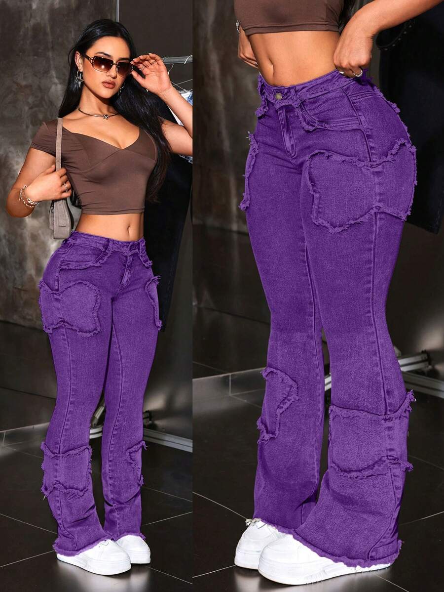SHEIN ICON 女士紫色修身口袋休闲百搭牛仔裤 - 紫色 - 查看 1