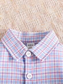 2pcs Set Baby Boys Plaid Lapel Raglan Sleeve Button Up Shirt + Elastic Waist Denim Shorts Outfit, Casual Soft Comfortable Loose Suit For Spring/Summer Wear - Multicolor - View 6