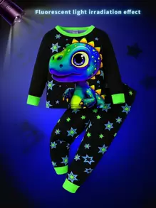 SHEIN Perso Play 男婴 3D 恐龙夜光图案长袖上衣和紧身裤睡衣套装
