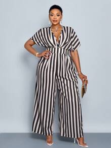 SOLERSUN 女士优雅条纹印花蝙蝠袖系带连体裤 - 黑色 - 查看 5