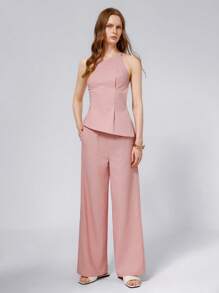 Femmeiva 1 Set Women Tie Strap Cropped Top + Casual Straight Leg Pants - Pink - View 6