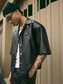 AXEPEAK 男士哥特式 PU 皮革宽松短袖衬衫和裤子休闲西装、街头服饰 - 黑色 - 查看 3