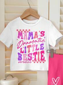 SHEIN Leap Crew Mama's Little Bestie，心形印花 2 件套，短袖上衣和短裤，粉色，适合年轻女孩的夏季休闲装