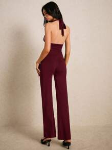 Poéselle 1pc Women's Solid Color Halter Neck Minimalist Fashionable Jumpsuit, Suitable For Summer - Burgundy - View 2