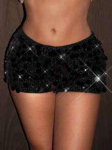 SHEIN ICON Quần short sequin lấp lánh dự tiệc câu lạc bộ cạp trễ dành cho nữ, thích hợp cho lễ hội âm nhạc và đi hộp đêm - màu đen - Xem 2