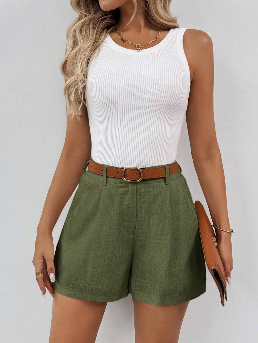 SHEIN Tall Pantalones cortos de lino lisos, casuales y elegantes con nudos de bambú - Verde militar - Ver 1