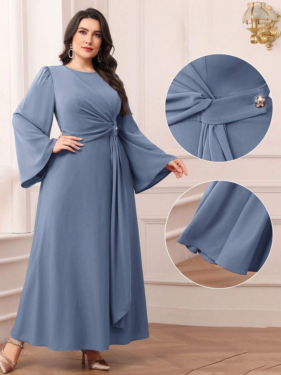 Modelyn Plus Size Solid Color Drawstring Dress, Simple Chic Casual For Daily Wear Long Evening Dresses - Blue - View 1