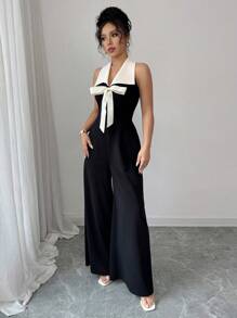 Elenzga 女士蝴蝶结无袖直筒连身裤 - 黑色 - 查看 7