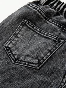 Young Girl Street Preppy Casual Chic Heart Shape Rhinestone Decoration Elastic Waist Straight Jeans, Girls Essential Daily Fashion Chic Outfits, School, Campus, College - Dark Grey - View 3