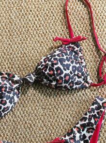 Swim Mod 女士海滩夏季服装：豹纹随机花朵细肩带蝴蝶结性感比基尼套装 - 彩色 - 查看 3