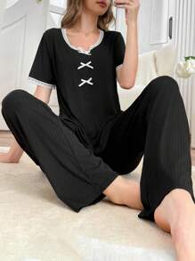 2 piezas Conjunto de ropa de dormir para mujer con cuello redondo y encaje