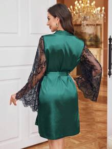 Women Lace Splice Satin Robe Gown, Minimalistic Design For Summer - Green - View 2