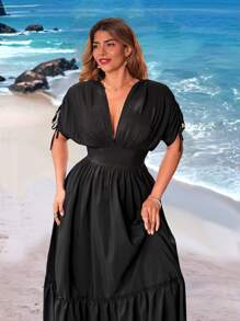 Flirla 大码女式深 V 领系腰长连衣裙 - 黑色 - 查看 4