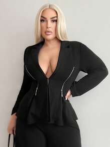 SHEIN SXY 加大码女式性感深 V 领褶皱拉链腰垫肩部 Siren 办公室时尚西装外套，适合日常穿着、通勤、商务、狂欢派对、海滩度假、约会之夜、生日、单身派对、俱乐部、休闲、购物、街头装、外出、增强身材、修饰体形、收腹 - 黑色 - 查看 3