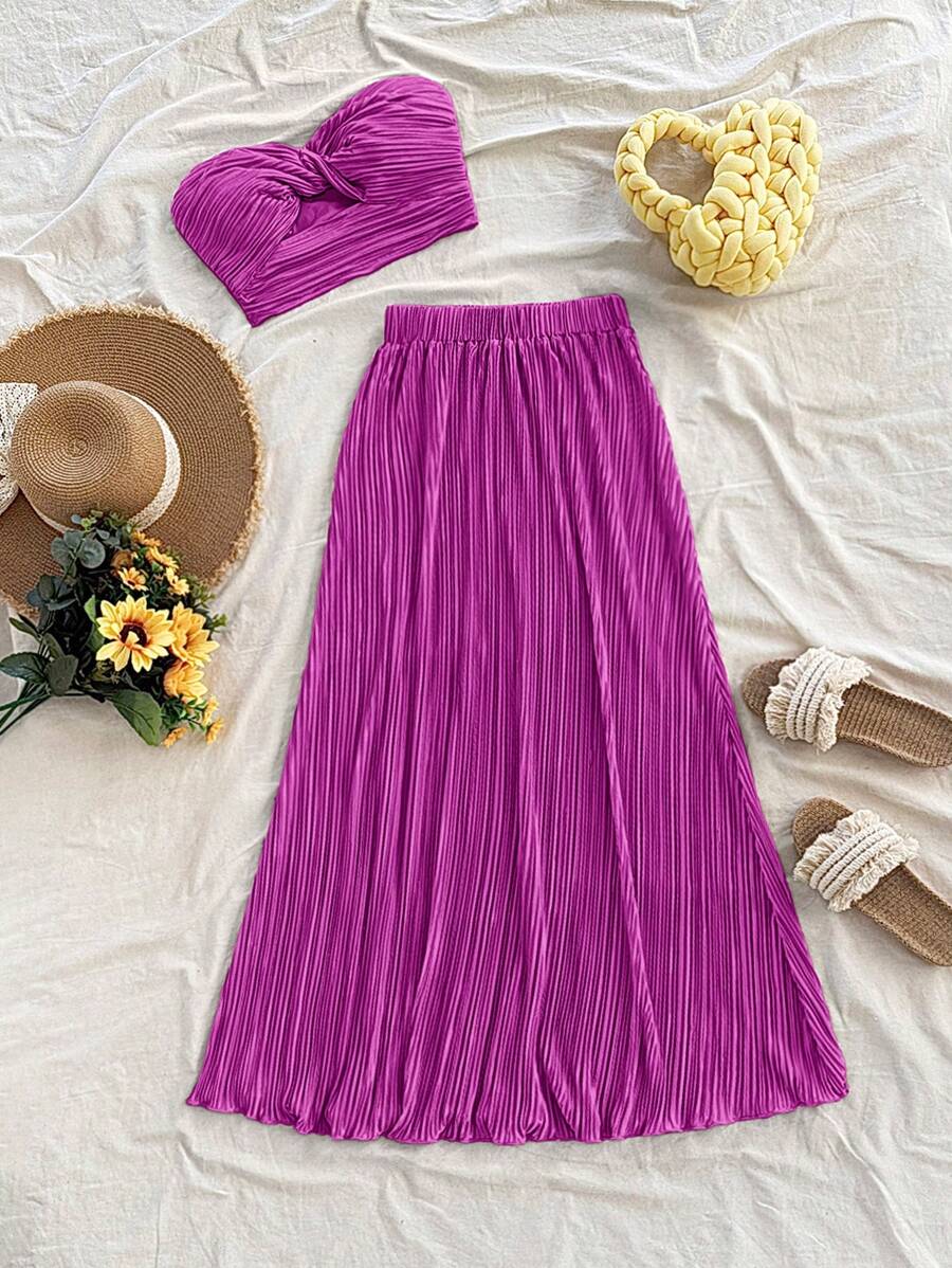 Soleia 春夏绿色百褶短款上衣和长裙两件套服装，适合海滩度假、音乐节、波西米亚风、度假、约会、下午茶 - 玫紅色 - 查看 1