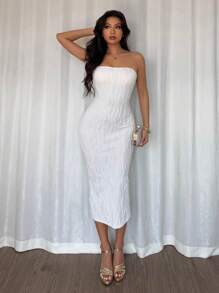 Elenzga Textured Fabric Elegant Strapless Midi Dress - White - View 5