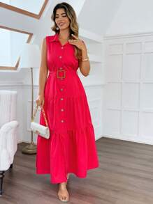 Flirla Plus Size Women Elegant Solid Color Utilitarian Design Belted Maxi Shirt Dress - Red - View 4