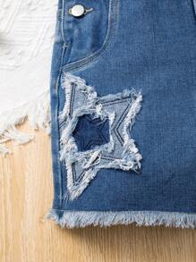 Young Girls Distressed Denim Overalls & Jumpsuits, Pentagram Embroidery Casual Washed Rompers, Stylish And Versatile - Medium Wash - View 3