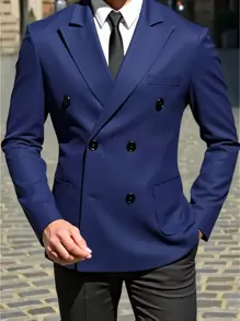 Manfinity Mode Men's Solid Color Lapel Neck Double-Breasted Long Sleeve Casual Suit Jacket - Navy Blue - View 1