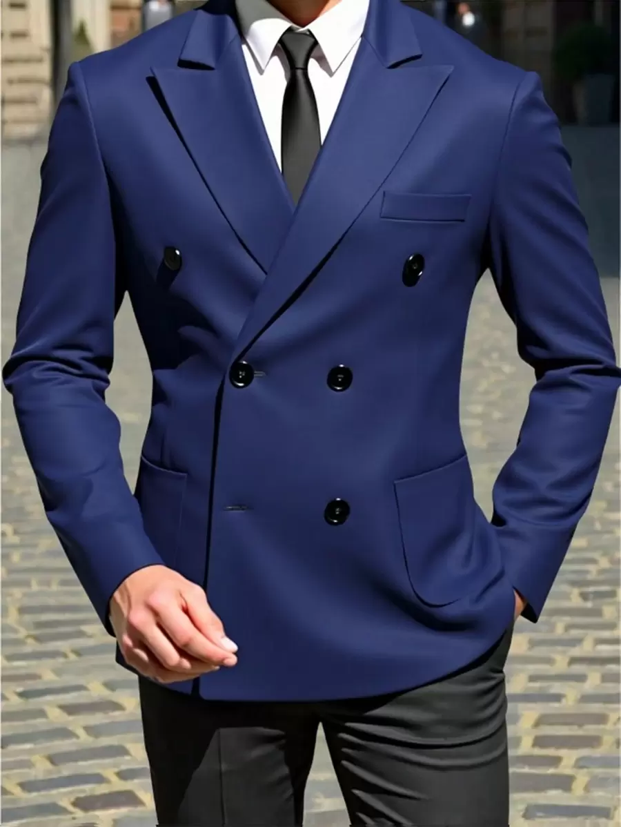 Manfinity Mode Men's Solid Color Lapel Neck Double-Breasted Long Sleeve Casual Suit Jacket - Navy Blue - View 1