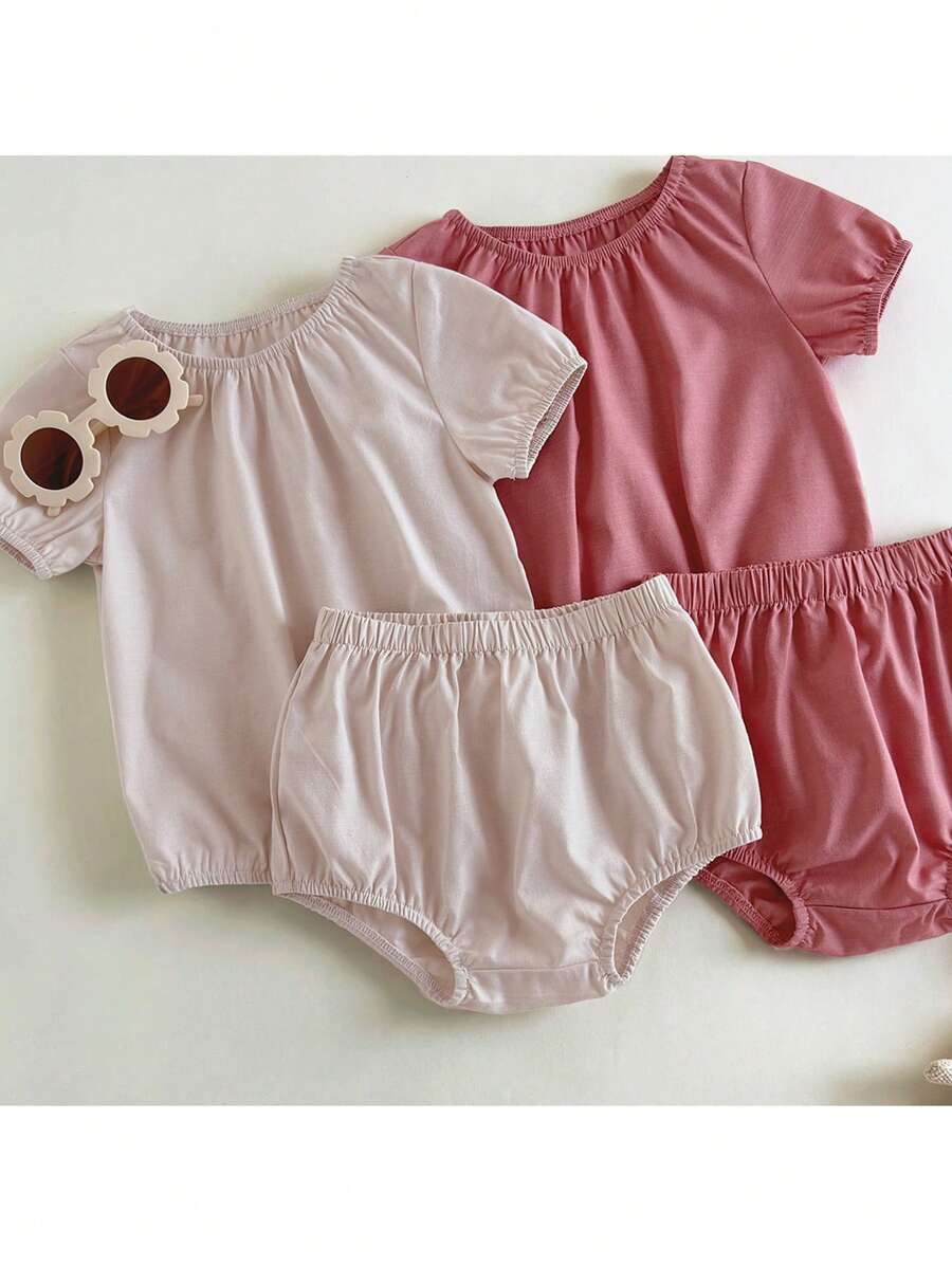 Loomiva 4 件套女婴套装：纯色圆领泡泡袖上衣和松紧腰短裤 - 彩色 - 查看 1