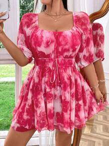 Sunnyshic Tuta in chiffon con stampa floreale digitale, vita elastica, di taglia comode