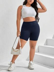 SHEIN Essnce Plus Size Navy Blue Casual Knitted Fabric Short Leggings With Pocket Detail For Everyday Comfort - Navy Blue - View 5