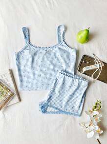 Comfortcana 女士海军蓝 & 白色格子碎花吊带背心和短裤套装 - 藍白色 - 查看 5
