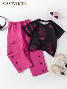 SHEIN 2pcs/Set Young Girl Summer Fashionable Floral Pattern Cargo Pants Set - Rose Red - View 8