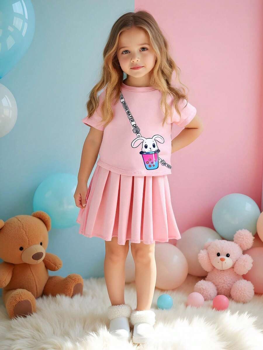 SHEIN 2 件套小女孩可爱休闲装,快乐童年主题 - 粉色 - 查看 1