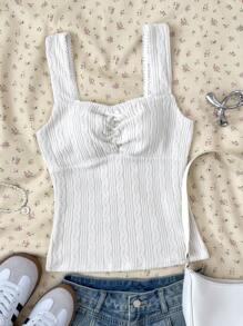 SHEIN 少女休闲BM风格蕾丝边蝴蝶结装饰V领针织吊带背心，适合各种运动、返校、休闲穿着 - 杏色 - 查看 5