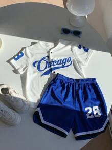 SHEIN 2 Packs Young Boys Casual Sports College Street Cute Vacation Letter Pattern Baseball Shirt And Shorts Set Suitable For Kids Outfits Young Boy Clothes Back To School Set Suitable For Birthday Parties, Evening Parties, Performances, Weddings, Baptisms, Opening Ceremonies Daily Suitable For Daily Use School Travel Sports Spring And Summer Seasons
