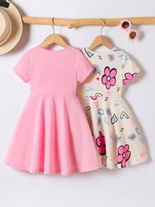 SHEIN Elladie kids 2件套 女童休闲多色彩虹爱心印花短袖连衣裙 夏季假日 - 彩色 - 查看 2