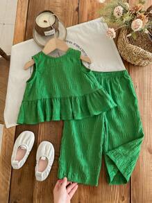 Baby Girls Green Vest And Pants 2 Pieces Outfit, Cute Summer Vacation Set