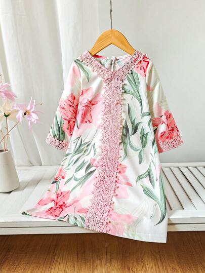 SHEIN 优雅休闲长袖蕾丝边长袍，适合女婴，适合所有季节，紫色鸢尾花图案