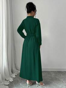 Elenzga Women's Solid Color Long Sleeve Single-Breasted Long Casual Shirt Dress With Pockets, Autumn Fall Maxi Women Outfit