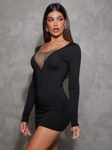 Hauture Women's Sexy Rhinestone Mesh Spliced Bodycon Mini Dress