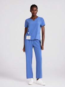 Scrubzie Scrub Uniform Set, Solid Color Short Sleeve Top And Long Pants, Minimalist And Fashionable, Suitable For Summer Running Nurse & Uniform Scrubs Handwashing Pocketed Breathable Brushed Clothing Set Scrub Stretchable Athletic Workwear With Pockets Scrub Top And Pants Set Women's Scrub Set: Notch V-Neck Tuck In Top & Straight Leg Pants Essential Jogger Scrub Set Nursing Uniform Stretch Top & Drawstring Cargo Pants - Baby Blue - View 3