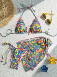 Swim Mod 3pcs Set Random Print Halter Top With Unlined Bikini Crop Top And Wrap Mini Skirt Women Beach Swimwears Cute Summer Outfits