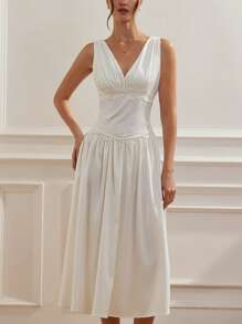 Aveloria Elegant & Romantic French Style Vintage Contrast Lace Sleeveless Waist-Cinched Midi Dress, Versatile For Wedding Season, Spring/Summer - White - View 5