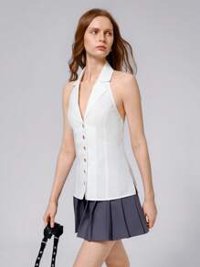 Aveloria Affinna Minimalist Folded Collar Halter Deep V Metal Button Front Cropped Women Vest