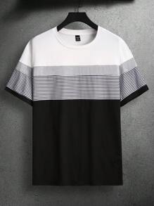 Manfinity Homme 男士圆领短袖条纹休闲 T 恤，日常穿着 - 彩色 - 查看 3