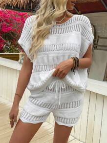 INAWLY 2pcs/Set Women Spring/Summer Lightweight Knitwear Pullover Top & Shorts Casual Set - White - View 3